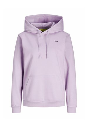 Lilla hettegenser laget av myk stoff, med en lomme foran, snor i hetten og logo broderi på brystet.