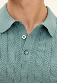 Lichtgroen gebreid poloshirt met een textuurpatroon, voorzien van een kraag en twee knoopsluitingen met een klein gaatje nabij het kraaggebied.