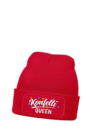 Rote Strickmütze mit umgeschlagenem Bündchen, auf dem der Text "Konfetti QUEEN" sowie bunte Konfetti-Grafiken zu sehen sind.