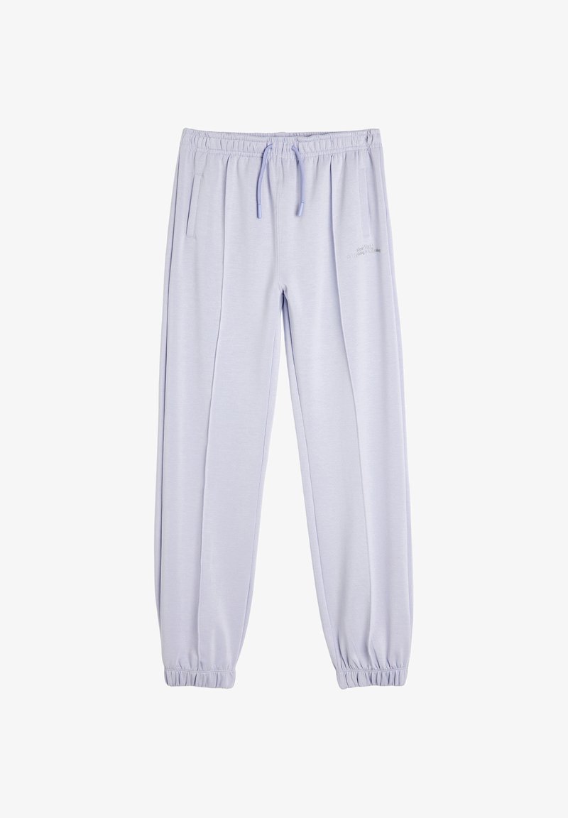 Lyse lavendel sweatpants med elastisk talje og justerbar snor, der har sidelommer og samlede ankler for en tætsiddende pasform.
