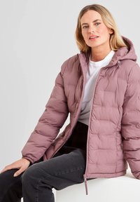 Puffer jacket in soft mauve, featuring a hood, zip closure, and elastic cuffs. Designed with a quilted texture and slim fit.