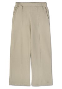 Beige, bővülő lábú nadrág rugalmas derékkal, textúrált anyaggal, két oldalsó zsebbel és varrott részletekkel az elején.