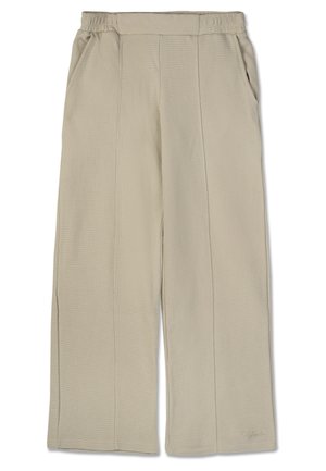 Beige platās bikses ar elastīgu jostu, teksturētu audumu, divām sānu kabatām un šūtu apdari pa priekšu.