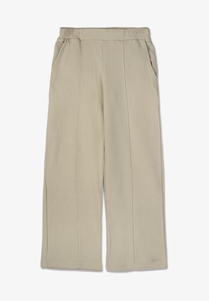Šviesiai rudos plataus kirpimo kelnės su elastinga juosta, tekstūruota medžiaga, dvi šoninės kišenės ir siuvinėtos detalės priekyje.