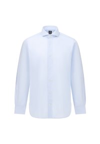 Světle modrá košile s dlouhým rukávem a límcem na knoflíky, vyrobená z bavlny, s hladkou texturou a standardním uzávěrem na knoflíky.