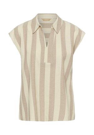 Sleeveless beige and cream vertical striped blouse with a split neckline and a small collar.