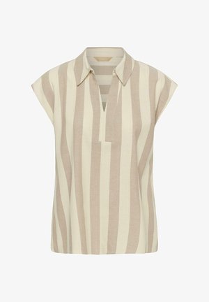 Sleeveless beige and cream vertical striped blouse with a split neckline and a small collar.