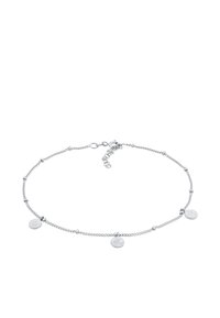 Sølv kædeanklet med tre runde, teksturerede charms og delikate perle accenter, med en justerbar spænde for tilpasning.