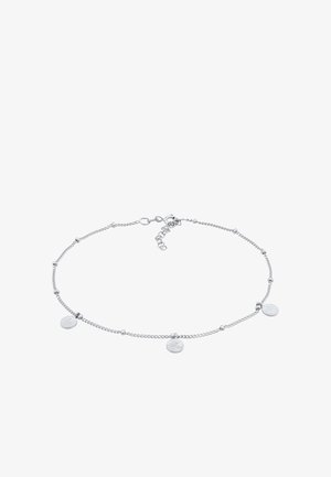 Silberne Fußkette mit drei runden, strukturierten Charms und zarten Perlenakzenten, ausgestattet mit einem verstellbaren Verschluss für individuelle Anpassung.