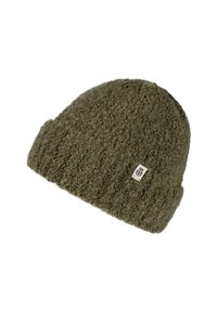 Olive green knitted wool beanie with a ribbed cuff and small rectangular fabric logo tag on white background.