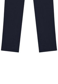 Navy blue leggings made of stretchy fabric. Fitted design with a smooth texture and no visible patterns or hardware. Full-length coverage.