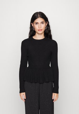 Black ribbed sweater with long sleeves, peplum hem, and textured pattern; crew neckline, fitted bodice, and soft material.