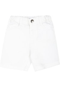 Pantaloni corti bianchi in cotone con vita piatta elasticizzata, bottone frontale e classico design a cinque tasche.