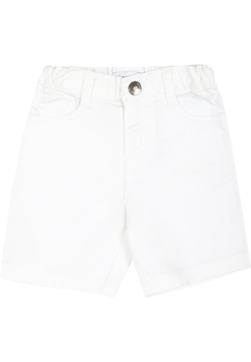 Pantaloni corti bianchi in cotone con vita piatta elasticizzata, bottone frontale e classico design a cinque tasche.