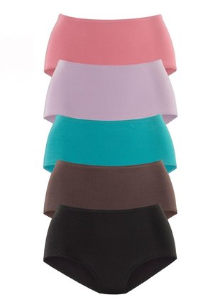 Fünf Paare hochgeschnittener Damenunterhosen in Pink, Lavendel, Türkis, Braun und Schwarz. Hergestellt aus einem weichen, dehnbaren Stoff mit glatter Textur.