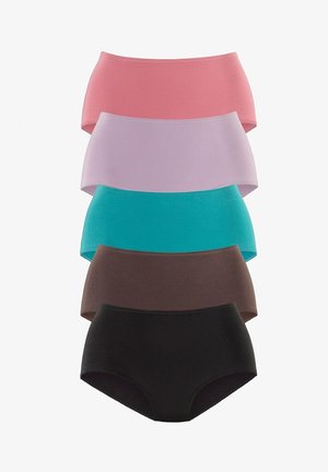 Fünf Paare hochgeschnittener Damenunterhosen in Pink, Lavendel, Türkis, Braun und Schwarz. Hergestellt aus einem weichen, dehnbaren Stoff mit glatter Textur.