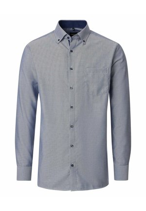 Herenoverhemd met lange mouwen, knoopsluiting, kleine blauw-witte geometrische print, kraag met knoopjes en borstzak.