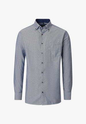 Męska koszula na długi rękaw na guziki z małym niebiesko-białym geometrycznym wzorem, kołnierzykiem zapinanym na guziki i kieszenią na piersi.