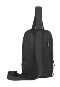 Borsa a tracolla nera realizzata in tessuto texturizzato, dotata di una tracolla regolabile, una tasca frontale con zip e dettagli metallici tondeggianti.