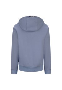 Felpa blu chiaro con una texture uniforme, dotata di cappuccio, maniche lunghe e polsini e orlo a coste. Etichetta sulla parte posteriore del collo.