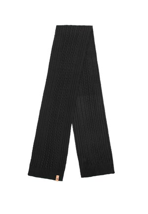 Écharpe noire en tricot côtelé avec motifs texturés et une petite étiquette en cuir en guise d'accent. Mesure environ 15 cm de largeur et 178 cm de longueur.