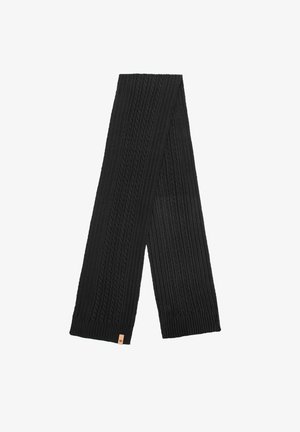 Écharpe noire en tricot côtelé avec motifs texturés et une petite étiquette en cuir en guise d'accent. Mesure environ 15 cm de largeur et 178 cm de longueur.