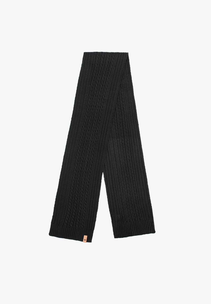 Sciarpa nera in maglia a coste con motivi testurizzati e piccolo dettaglio con etichetta in pelle. Misura circa 15 cm di larghezza e 178 cm di lunghezza.