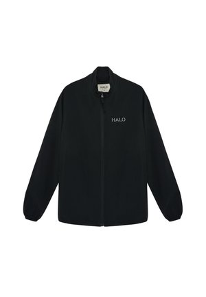 Black zip-up jacket with a high collar, elastic cuffs, and side pockets. Features "HALO" logo in white on the chest. Smooth, lightweight fabric.