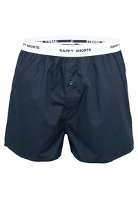 Boxer da uomo in tessuto blu navy, con una cintura elastica con la scritta "HAPPY SHORTS" in bianco e una chiusura con bottone frontale.