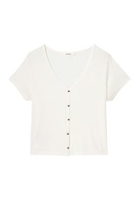 Top blanc à manches courtes avec un décolleté en V profond, une texture côtelée et une fermeture à six boutons sur le devant, doté de bords festonnés au niveau du col.