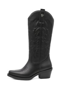 Stivale da cowboy in pelle nera fino al polpaccio, con ricami decorativi e tacco impilato.