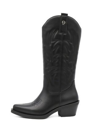 Stivale da cowboy in pelle nera fino al polpaccio, con ricami decorativi e tacco impilato.