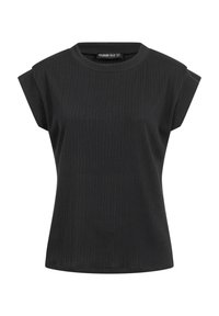 Černý krátký rukáv žebrovaný top s kulatým výstřihem a jemnými vertikálními pruhy, uvnitř límce označen „Cloud Five“.