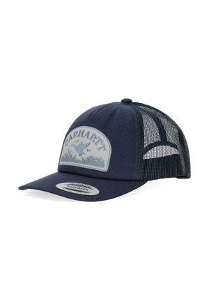 Gorra snapback Carhartt azul marino con parte trasera de malla y parche bordado con diseño de pato volador y hierba.