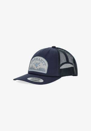 Navy blue Carhartt snapback cap with mesh back and embroidered patch featuring a flying duck and grass design.