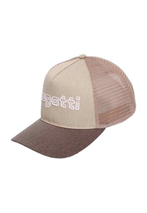 Beige and brown mesh baseball cap with curved brim and embroidered "Bugatti" text on front panel.