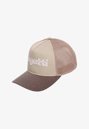 Beige-braune Mesh-Basecap mit gebogenem Schirm und besticktem "Bugatti"-Schriftzug auf der Vorderseite.