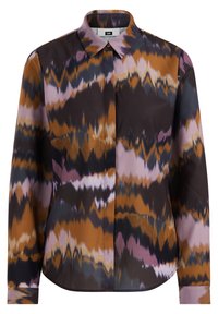 Långärmad skjorta med knappar som har ett blandat mönster i bruna, lila och krämfärgade nyanser. Tillverkad av ett mjukt tyg med en strukturerad krage.