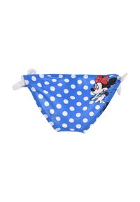 Costume da bagno blu a pois bianchi, con l'immagine di un personaggio dei cartoni animati. Con lacci su entrambi i lati, realizzato in tessuto per costumi da bagno morbido.