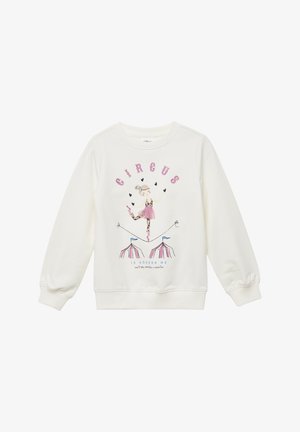 Weißer Sweatshirt aus Baumwolle mit langen Ärmeln. Hat einen bunten Zirkus-themen Print mit einer pinken Tänzerin, Herzen und Zelten.