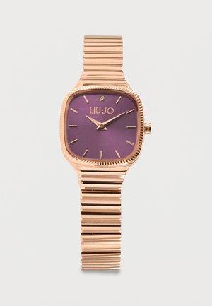 Armbåndsur i rosaguld metal med firkantet lilla urskive, minimalistiske gyldne timemarkører og mærkenavnet "LIU·JO" under klokken 12.