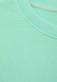 Maglione verde menta chiaro con un collo a girocotolo a coste e un tessuto morbido e testurizzato. I dettagli delle cuciture sono visibili vicino al collo.
