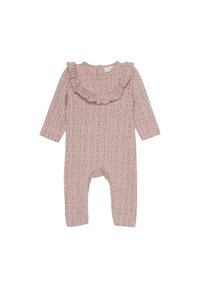 Body rose à manches longues avec un col froncé, présentant un motif texturé de petites lignes marron. Fermeture à snap au dos, tissu doux.