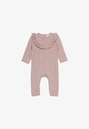 Roze lange mouwen romper met franje halslijn, voorzien van een textuurpatroon van kleine bruine lijnen. Drukknopen aan de achterkant, zacht stof.