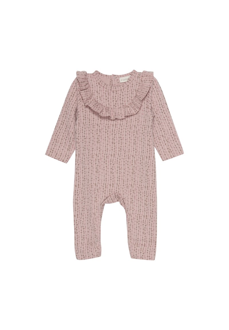 Body rose à manches longues avec un col froncé, présentant un motif texturé de petites lignes marron. Fermeture à snap au dos, tissu doux.