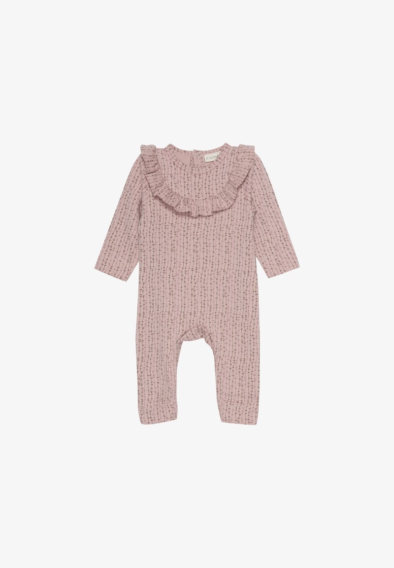 Rosa Langarm Einteiler mit Rüschenausschnitt, der ein strukturiertes Muster aus kleinen braunen Linien aufweist. Druckverschluss hinten, weicher Stoff.