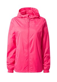 Bright pink, lightweight windbreaker jacket with a hood, full front zipper, elastic cuffs, and logo on the chest. Smooth synthetic material.