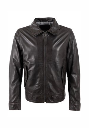 Bruine leren jas met ritssluiting, opstaande kraag en gestikte accenten. Heeft twee zijzakken en een gladde, glanzende textuur.