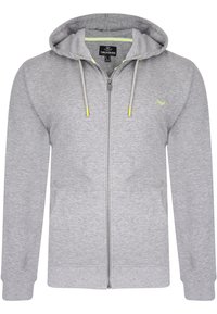 Gray zip-up hoodie with a hoodie and two front pockets. Features contrasting yellow drawstrings and a small green logo on the chest.