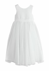 Weißes, ärmelloses Tüllkleid mit tailliertem Oberteil und vollem, gerafftem Rock, entworfen für festliche Anlässe.